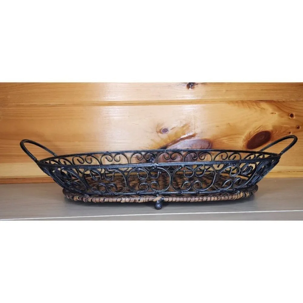 Metal and Wicker Serving Tray with Handles Distressed Farmhouse Decor Basket